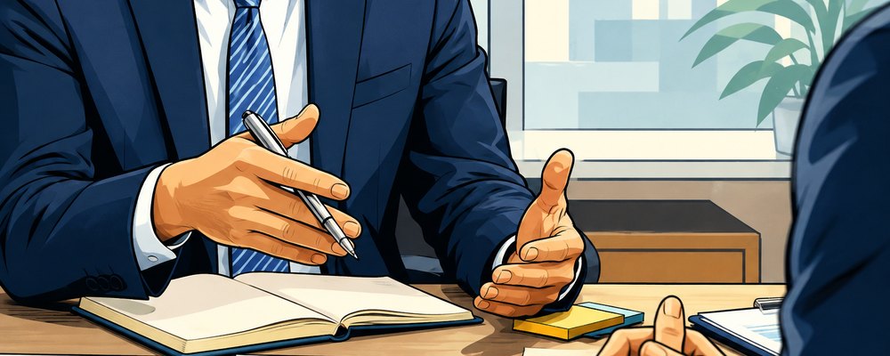 A consultant discussing documents and charts with a client across a desk
