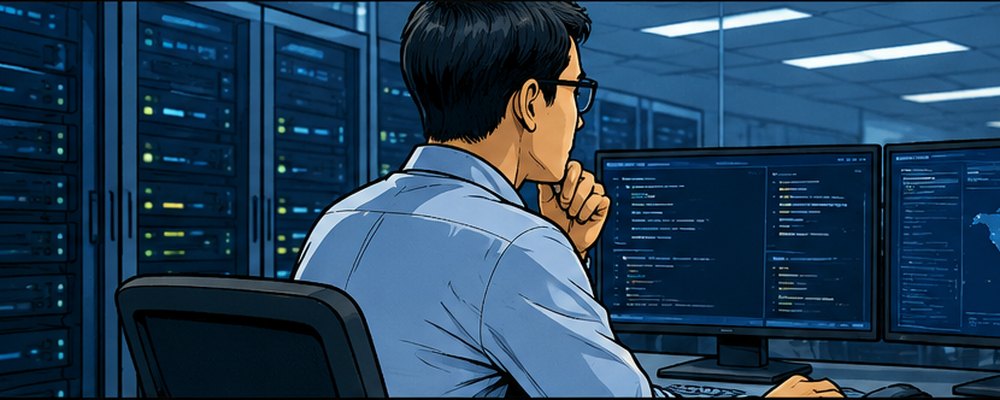 An engineer monitoring data systems on screens in a server room